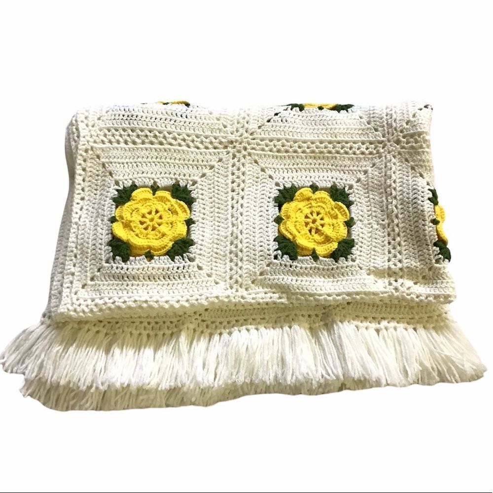 Granny Square Floral Fringed Hem Blanket/Throw
